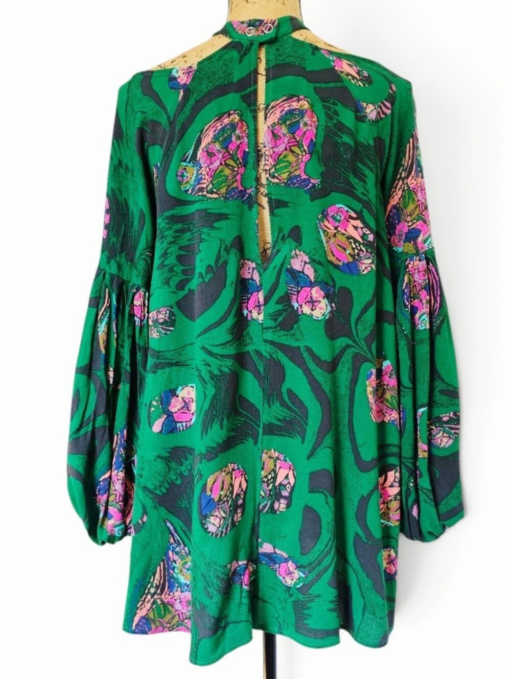 Free People Bohemian Drift Away Cold Shoulder Green  Floral Mini Tunic Dress, XS - Picture 7 of 9